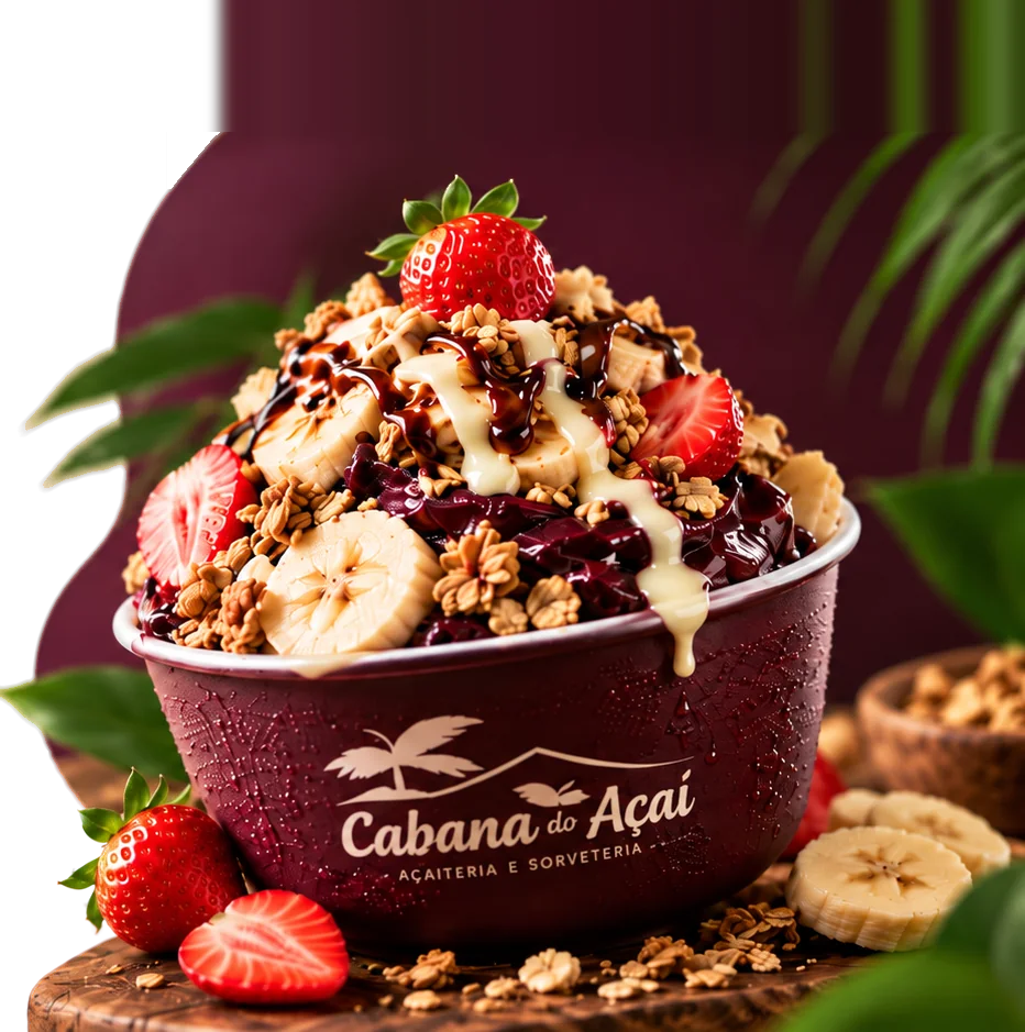 Tigela de açaí da Cabana com morango, banana, granola e caldas